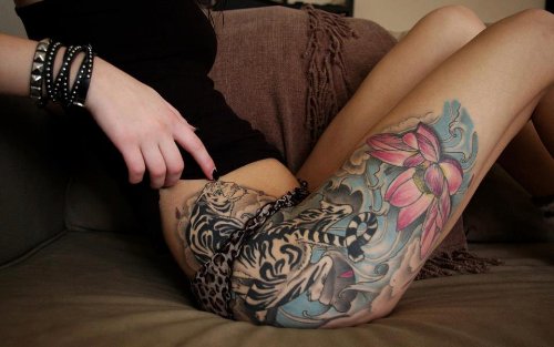 Awesome Lotus Flower And Tiger Tattoo On Right Thigh