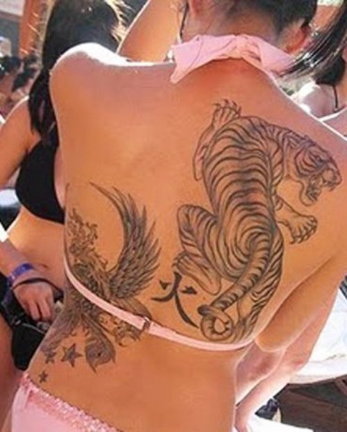 Chinese Tiger Tattoo On Girl Back Body