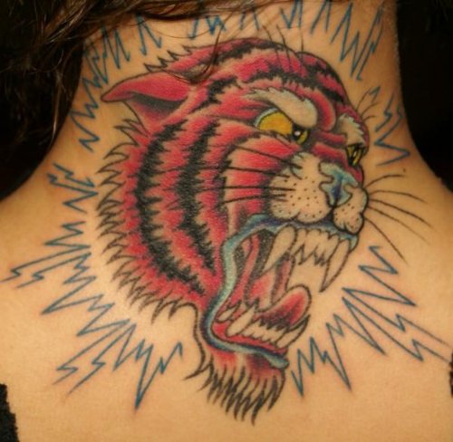 Red Ink Tiger Head Tattoos On Neck