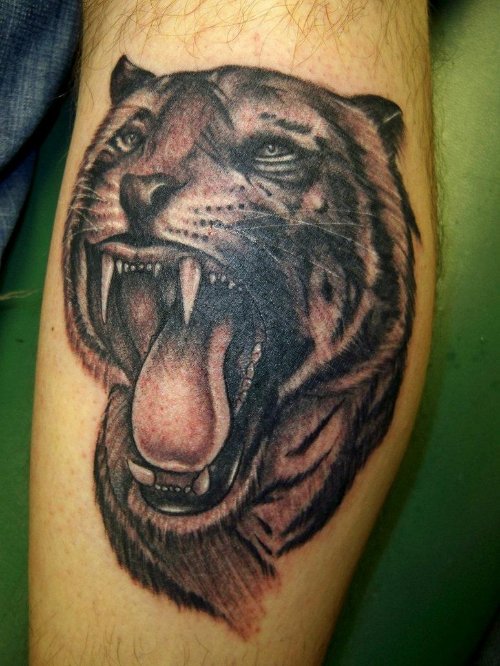 Dark Ink Roaring Tiger Tattoo On Sleeve