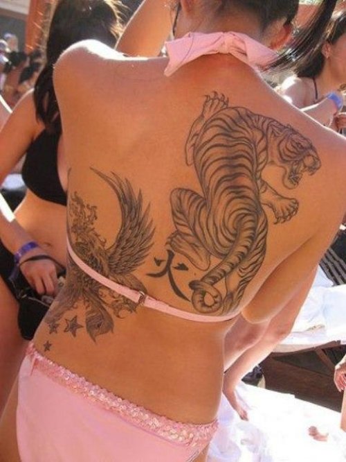 Grey Ink Tiger Tattoo On Girl Back