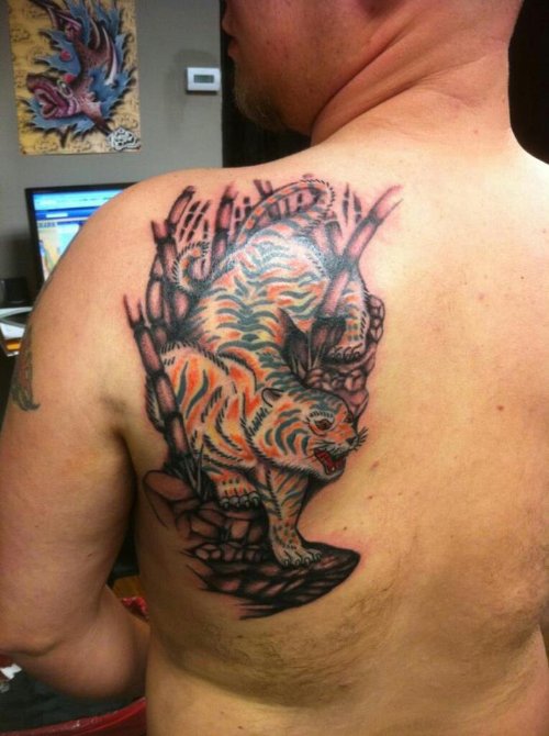 Left Back Shoulder Asian Tiger Tattoo