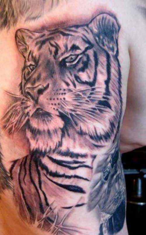 Cute Grey Ink Tiger Tattoo On Back Body