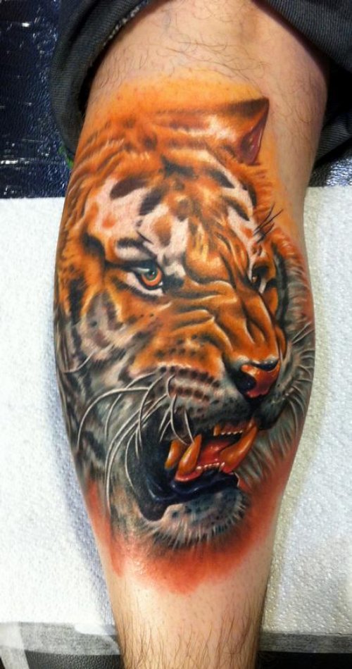 Best Colored Ink Tiger Tattoo On Leg
