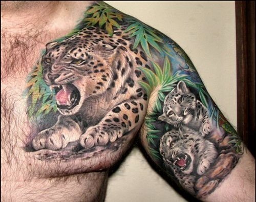 Awesome Tiger Tattoo On Left Shoulder And Half Sleeve