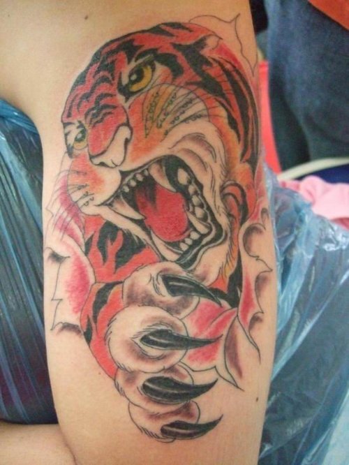 Cute Left Half Sleeve Tiger Tattoo