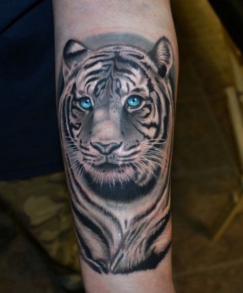Amazing Grey Ink Tiger Tattoo On Sleeve