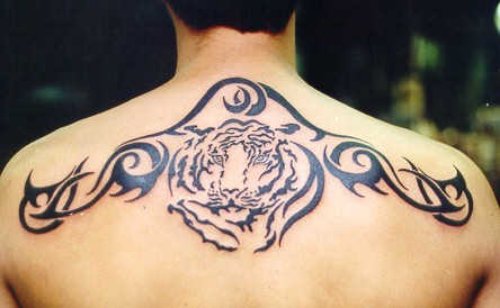 Tribal Tiger Tattoo On Man Upperback