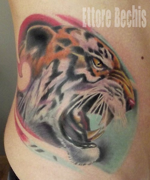 Awesome Tiger Head Tattoo On Side