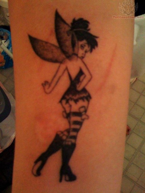 Black Ink Tinkerbell Tattoo