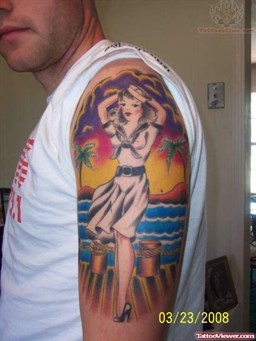 Sailor Jerry Pin Up Tattoo On Shoulder