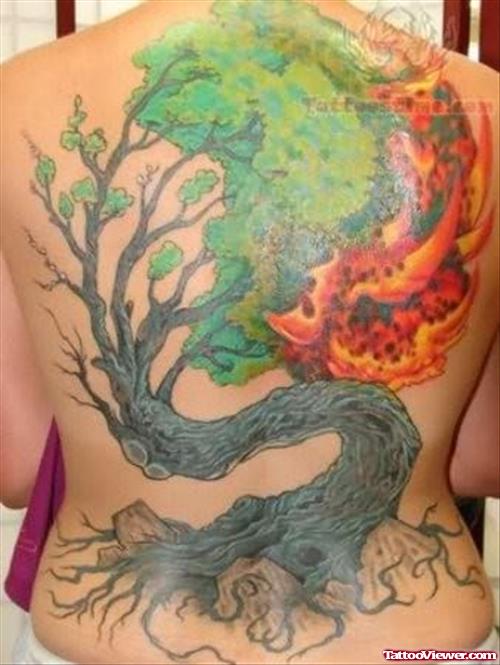 Big Buring Tree Tattoo On Back