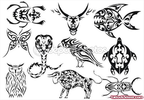 Tribal Birds And Animals Tattoos Design