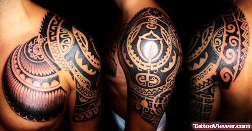 Chest And Shoulder Tribal Tattoo For Men