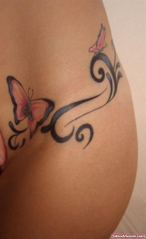 Butterflies And Tribal Tattoo On Girl Side