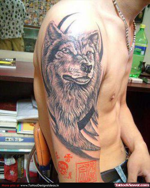 Black Ink Tribal And Grey Ink wolf Head Tattoo On Right Sleeve