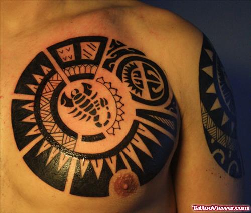 Black Ink Tribal Maori Tattoo On Chest