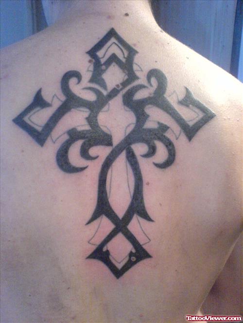 Tribal Cross Black Ink Tattoo On Back