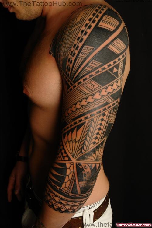 Polynesian Tribal Tattoo On Man Left Sleeve