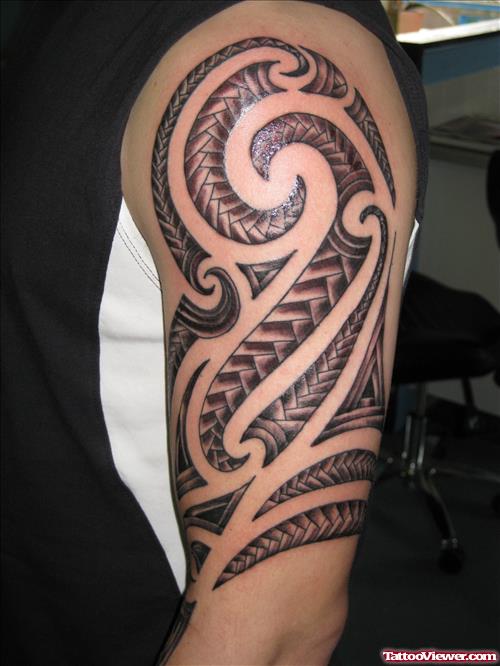 Left Half Sleeve Polynesian Tribal Tattoo