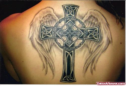Tribal Cross With angel Wings Tattoo On Back