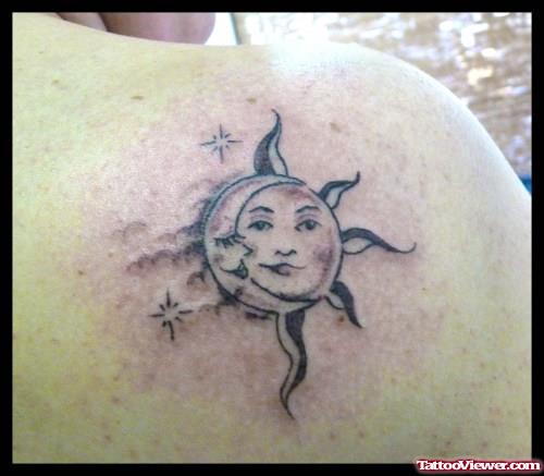 Tribal Sun And Moon Tattoo On Right Back Shoulder