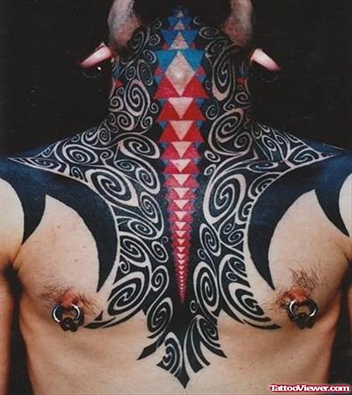 Amazing Black Ink Tribal Tattoos On Chest And Neck