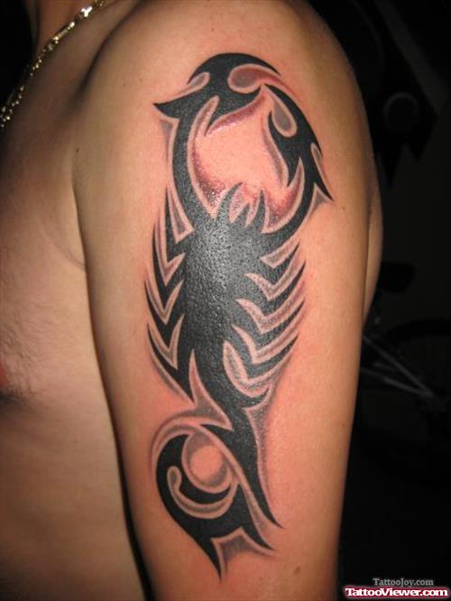 Amazing Black Ink Tribal Scorpio Tattoo On Left Half Sleeve