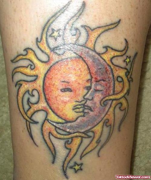 Tribal Sun And Moon Color Ink Tattoo