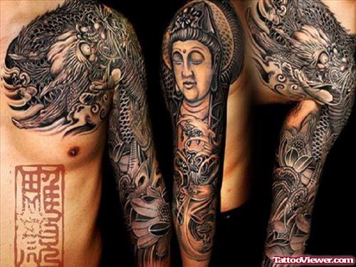 Grey Ink Sleeve Tribal Tattoo