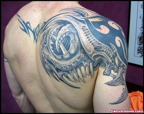Grey Ink Biomechanical Tribal Tattoo On Right Shoulder