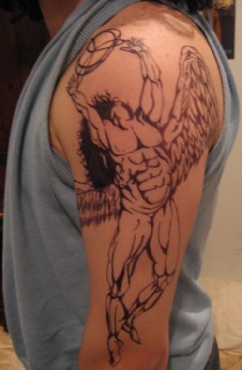 Tribal Angel Tattoo On Left Half Sleeve