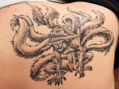 Grey Ink Tribal Kitsune Tattoo