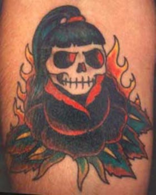 Tribal Flaming Rose Flower And Girl Skull Tattoo