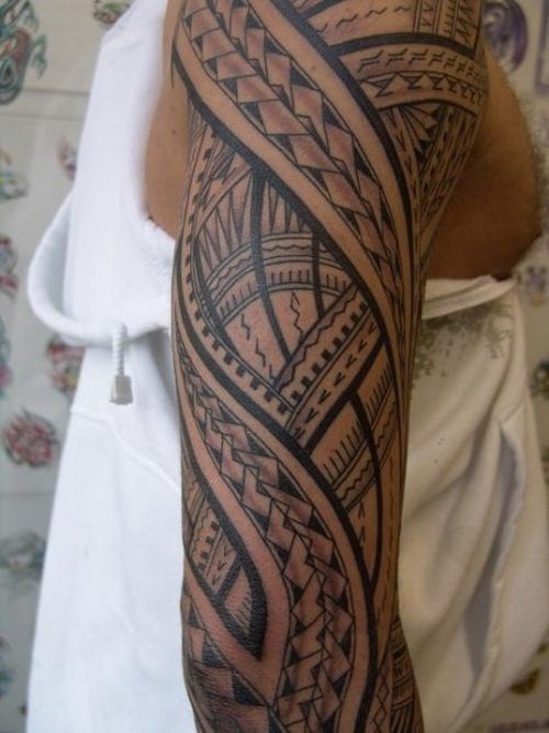 Black Ink Polynesian Tribal Tattoo On Half Sleeve