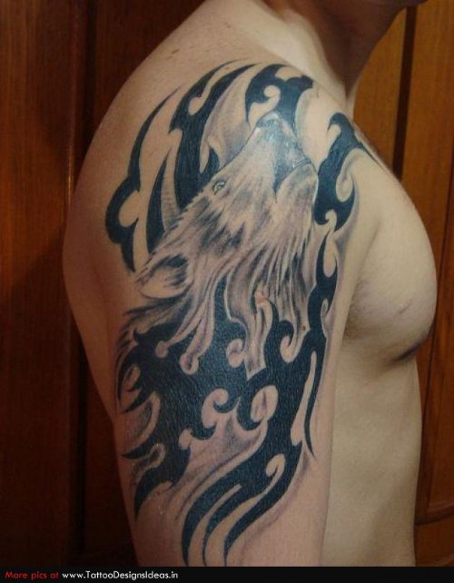 Howling Wolf and Tribal Tattoo On Right Half Sleeve