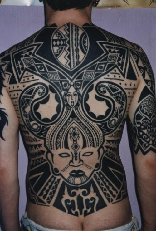 Black Ink Tribal Tattoo On Man Back Body
