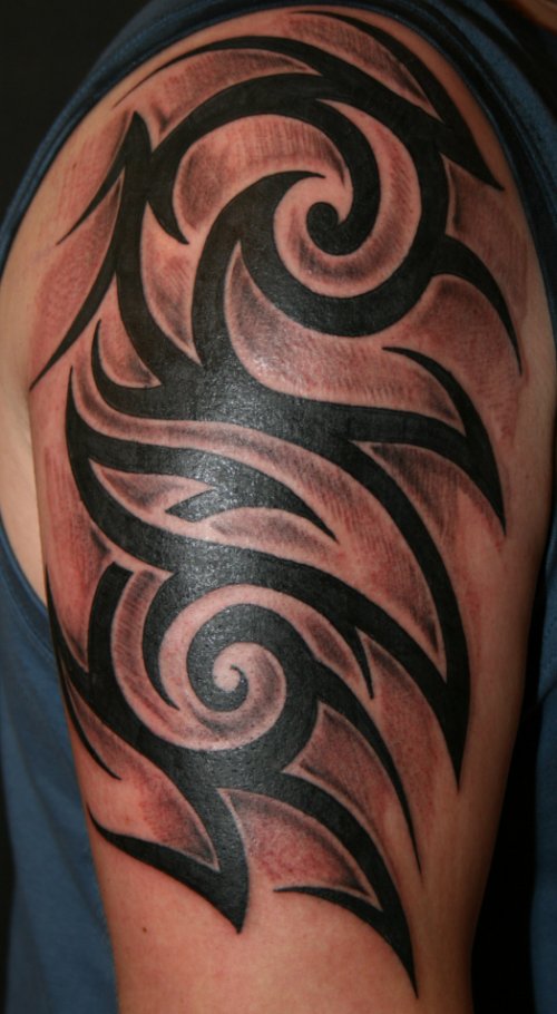 Amazing Black Ink Tribal Tattoo On Right Half Sleeve For Men