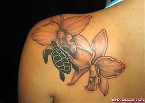 Blooming Turtle Tattoo On Back