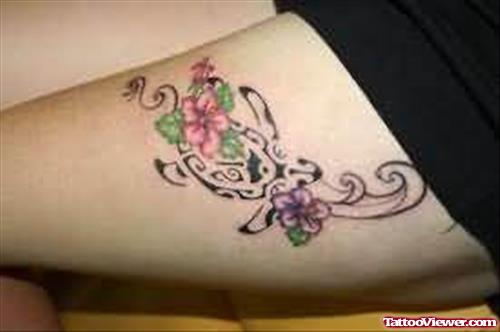 Flowers And Turtle Tattoo