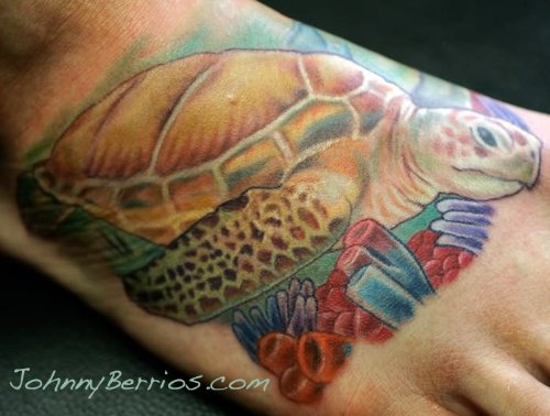 Brown Turtle Tattoo On Foot