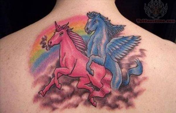 Colorful Unicorn Tattoos On Back