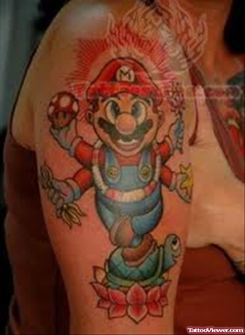 Large Mario Tattoo On Sleeve