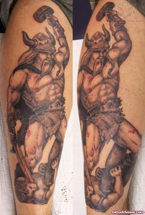 Viking Warrior Tattoo On Leg