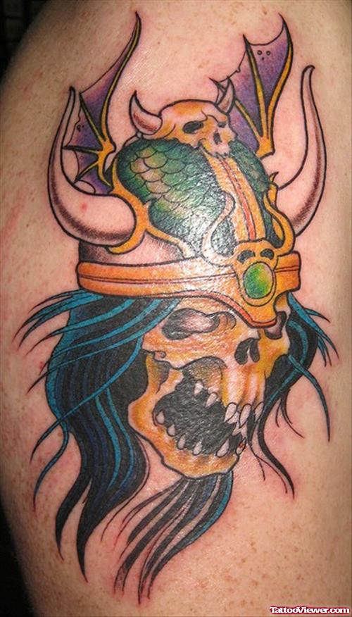 Colored Viking Skull and Bat Wings Tattoos