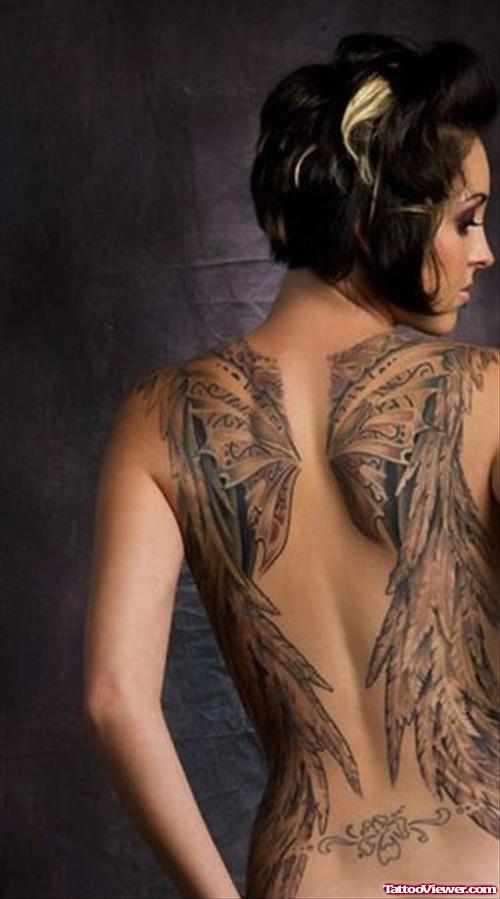 Stylish Girl Back Body Wings Tattoo