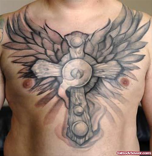 Special Winged Cross Tattoo On Man Chest