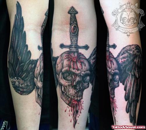 Winged Skull And Dagger Tattoo On Sleeve