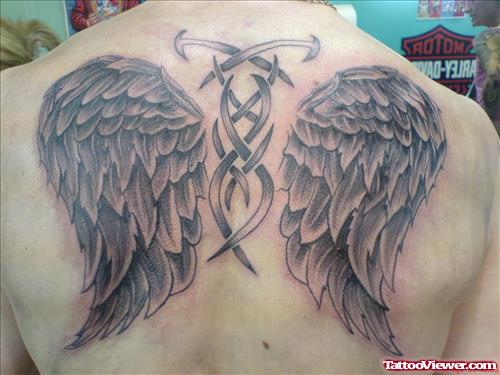 Tribal And Angel Wings Tattoos on Back Body
