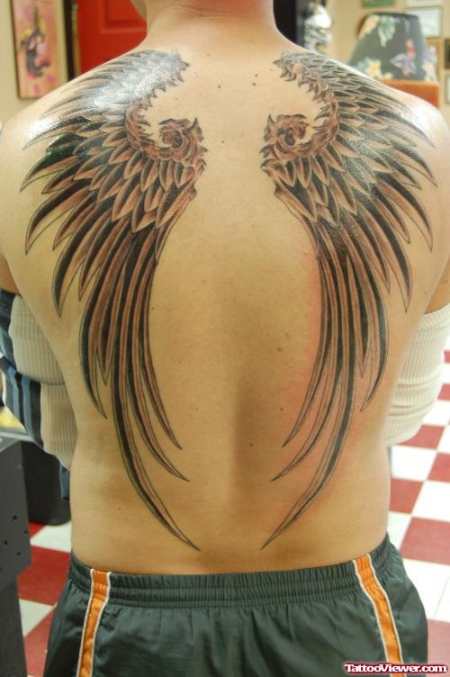 Grey Ink Wings Tattoos On Back Body For Men
